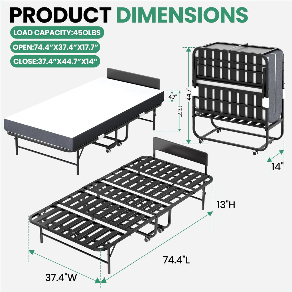 Folding Bed with Mattress, 5-Inch Memory Foam, 500lbs Capacity, Metal Frame, Adjustable Headboard X7895