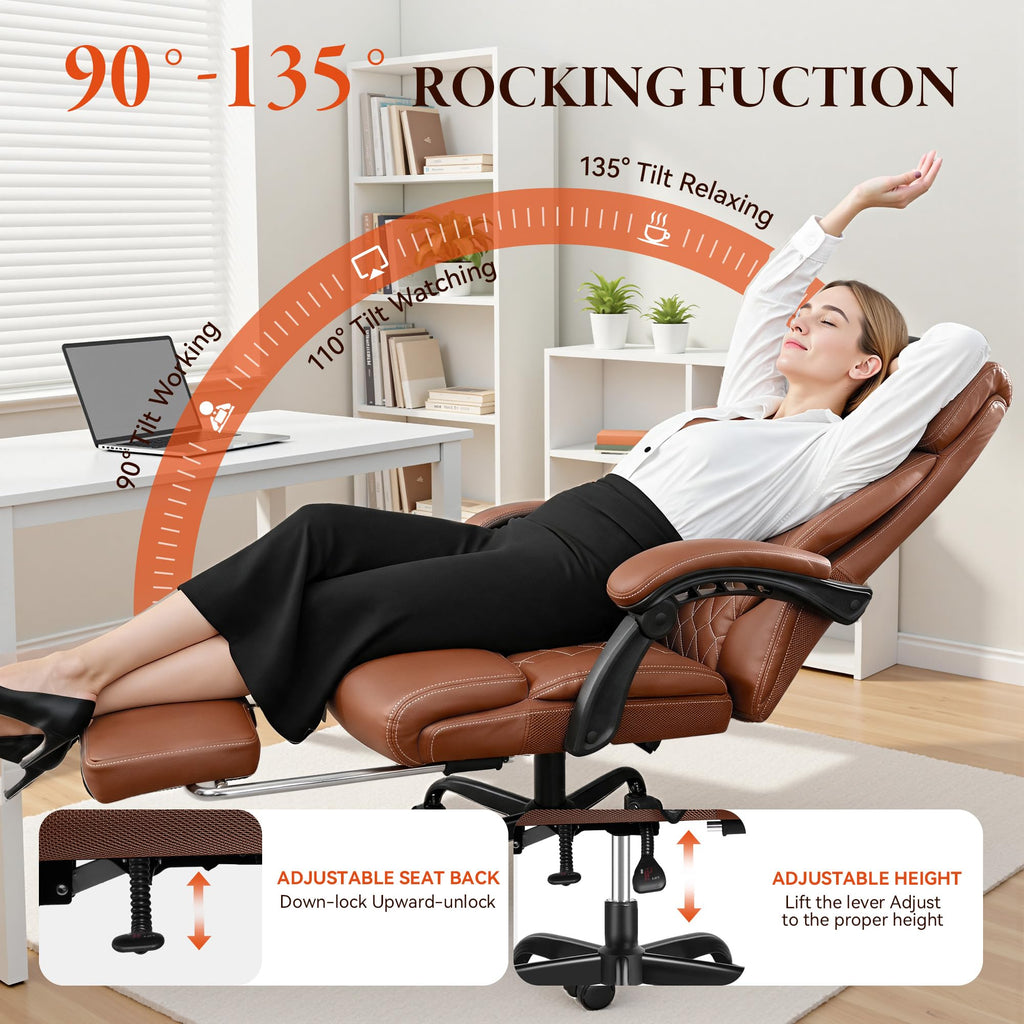 Big and Tall Brown Leather Office Chair with Footrest U364