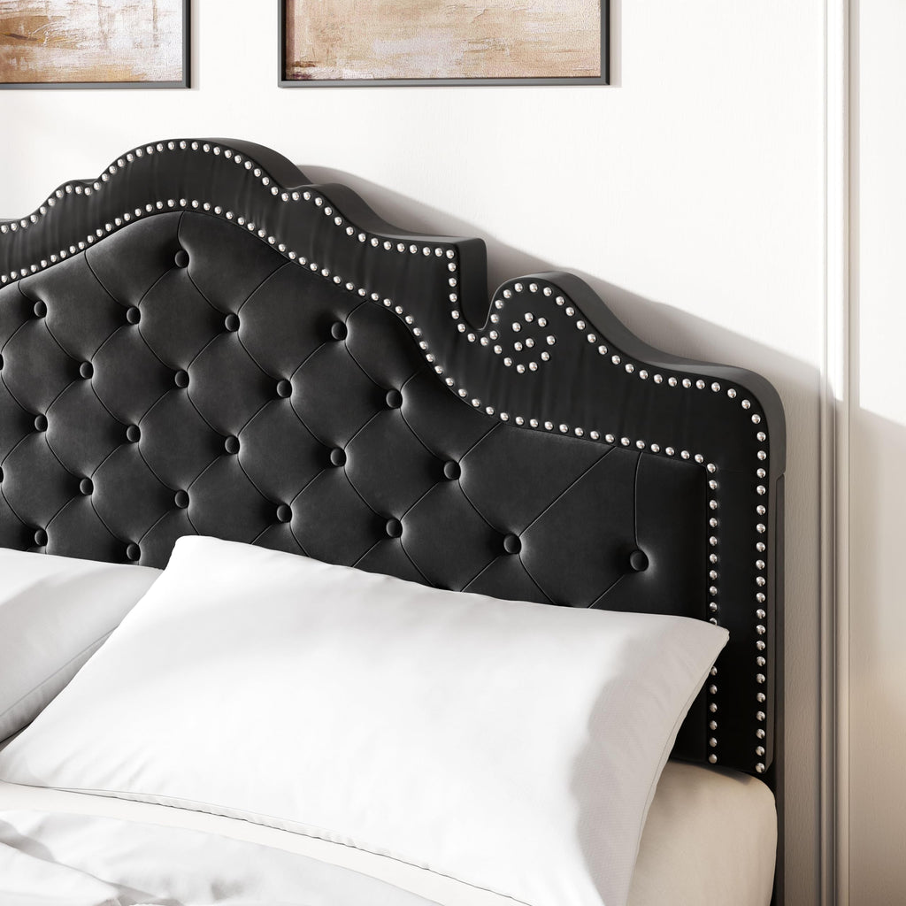 Queen Size Velvet Upholstered Bed Frame with Adjustable Headboard H8957