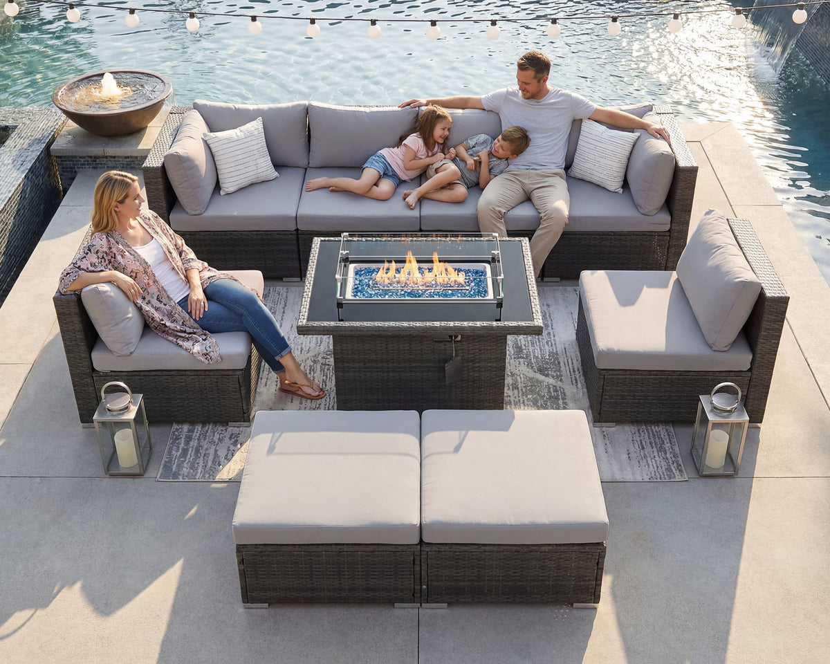 9 Piece Light Grey Patio Furniture Set with Fire Pit E14301