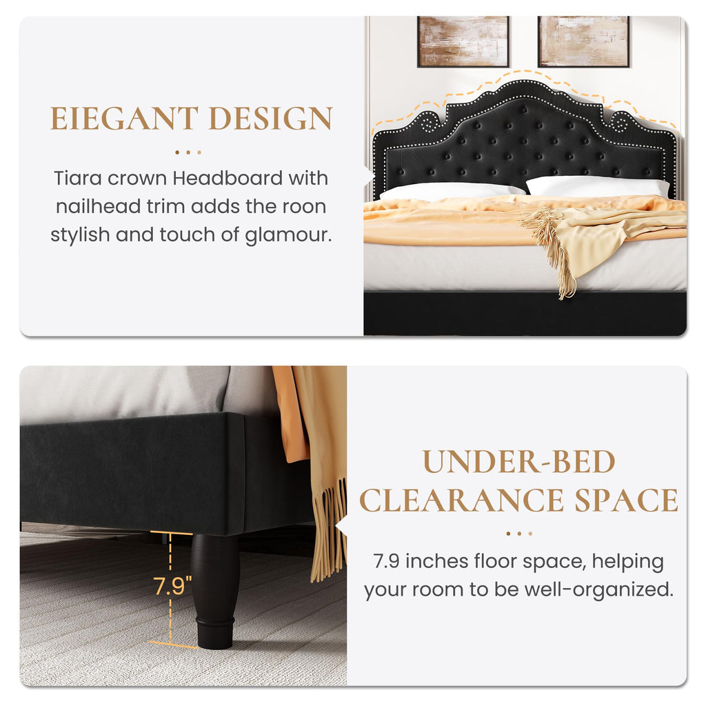 Queen Size Velvet Upholstered Bed Frame with Adjustable Headboard H8957
