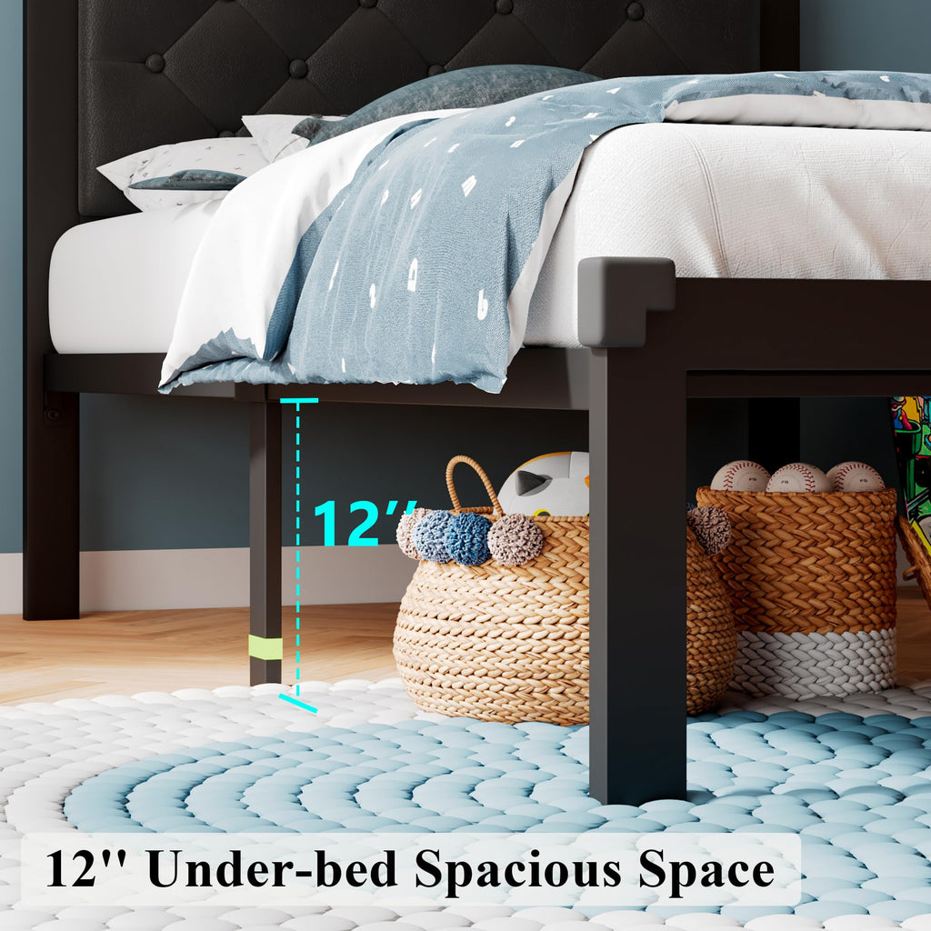 Twin Size Black Metal Platform Bed Frame with Faux Leather Button Tufted Headboard U417144