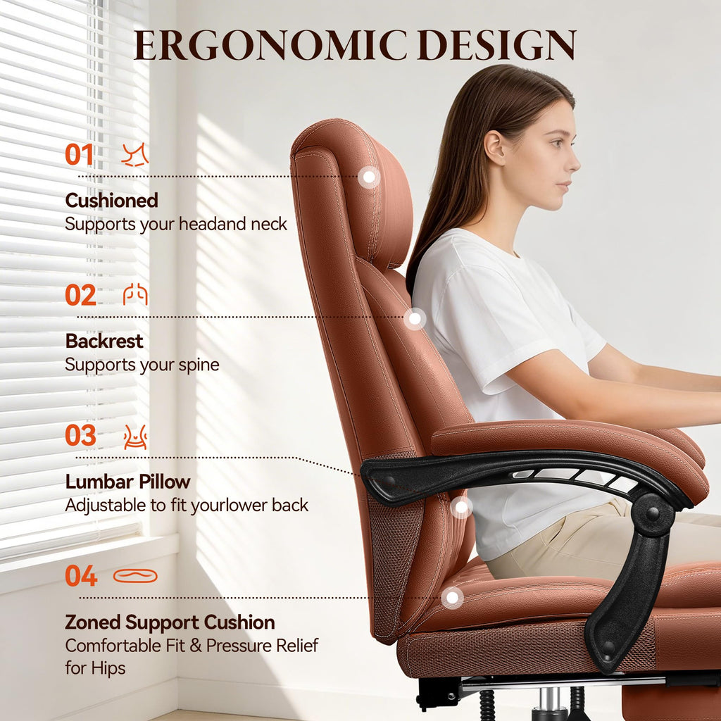 Big and Tall Brown Leather Office Chair with Footrest U364