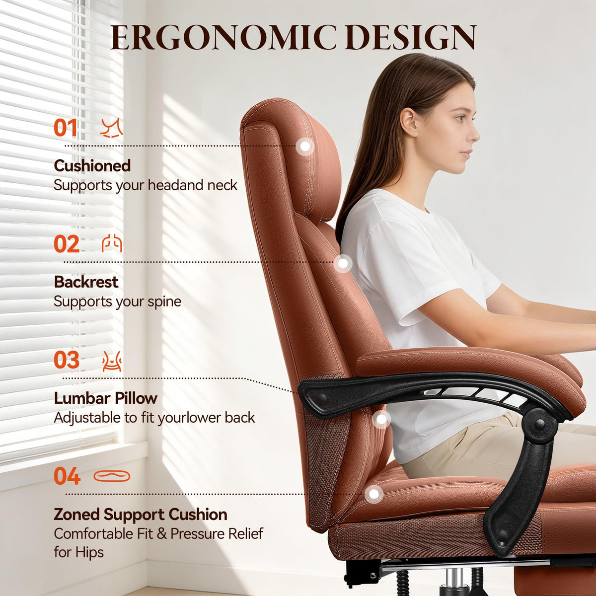 Big and Tall Brown Leather Office Chair with Footrest U364