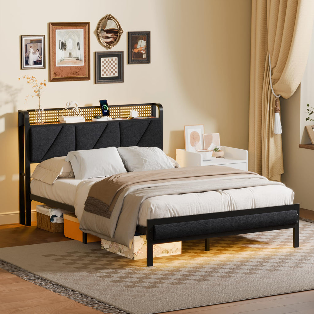 Full Size Bed Frame with Storage Shelf and Upholstered Headboard V881
