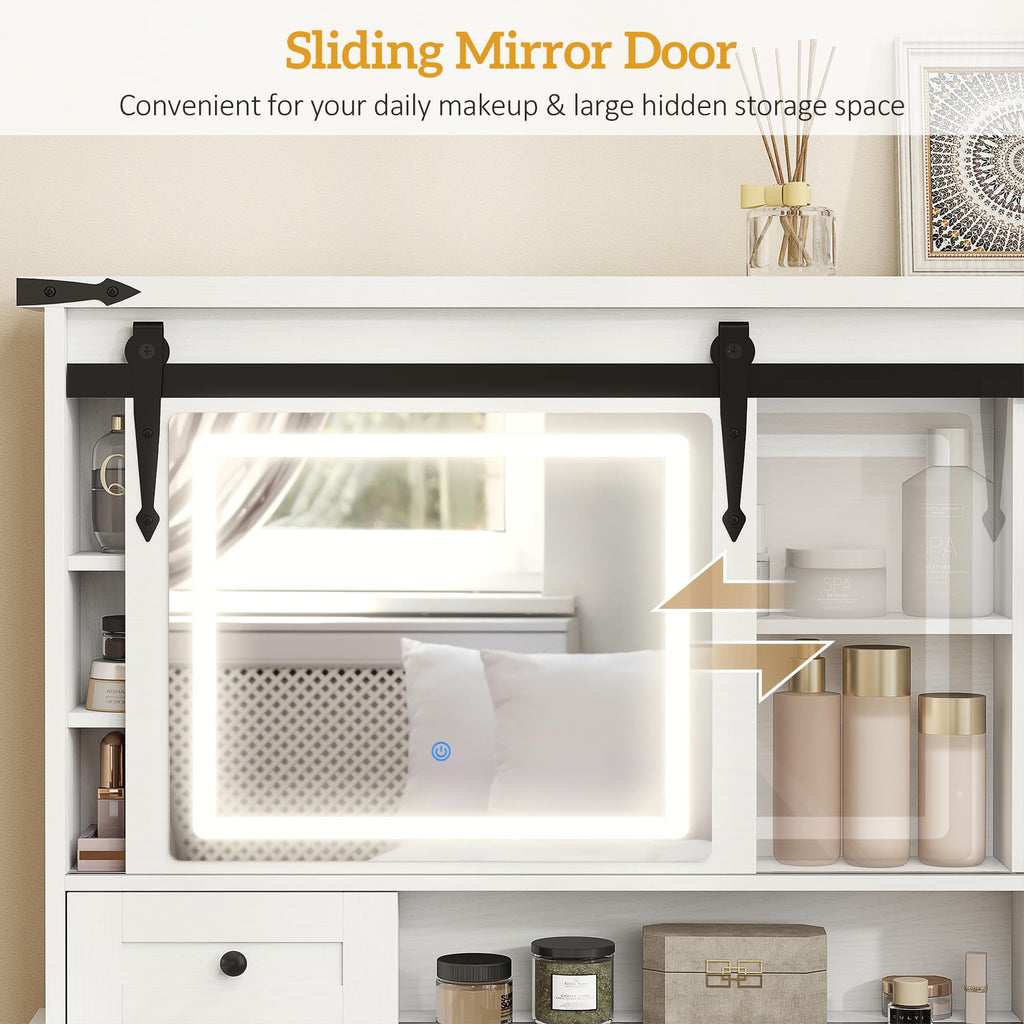 White Vanity Desk with Mirror, LED Lights, Stool K284