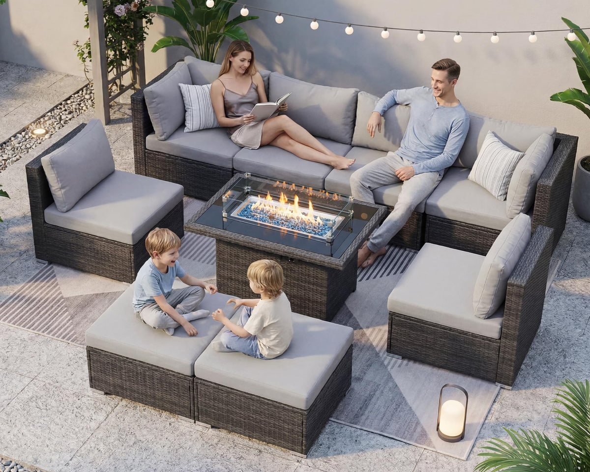 9 Piece Light Grey Patio Furniture Set with Fire Pit E14301