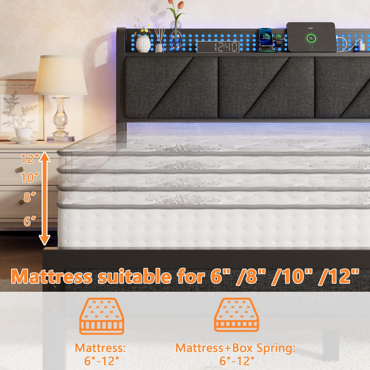 Full Size Bed Frame with Storage Shelf and Upholstered Headboard V881