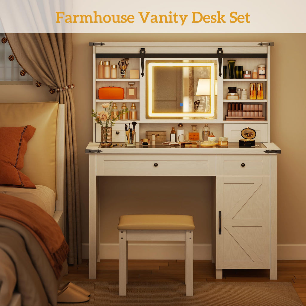 White Vanity Desk with Mirror, LED Lights, Stool K284