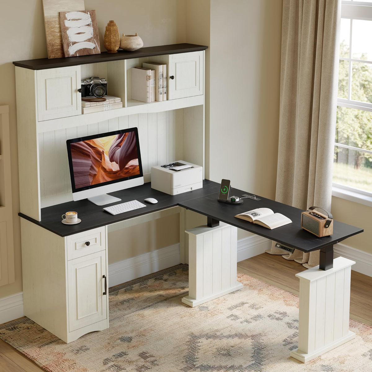 L Shaped Electric Standing Desk with Hutch and Drawers Z963450