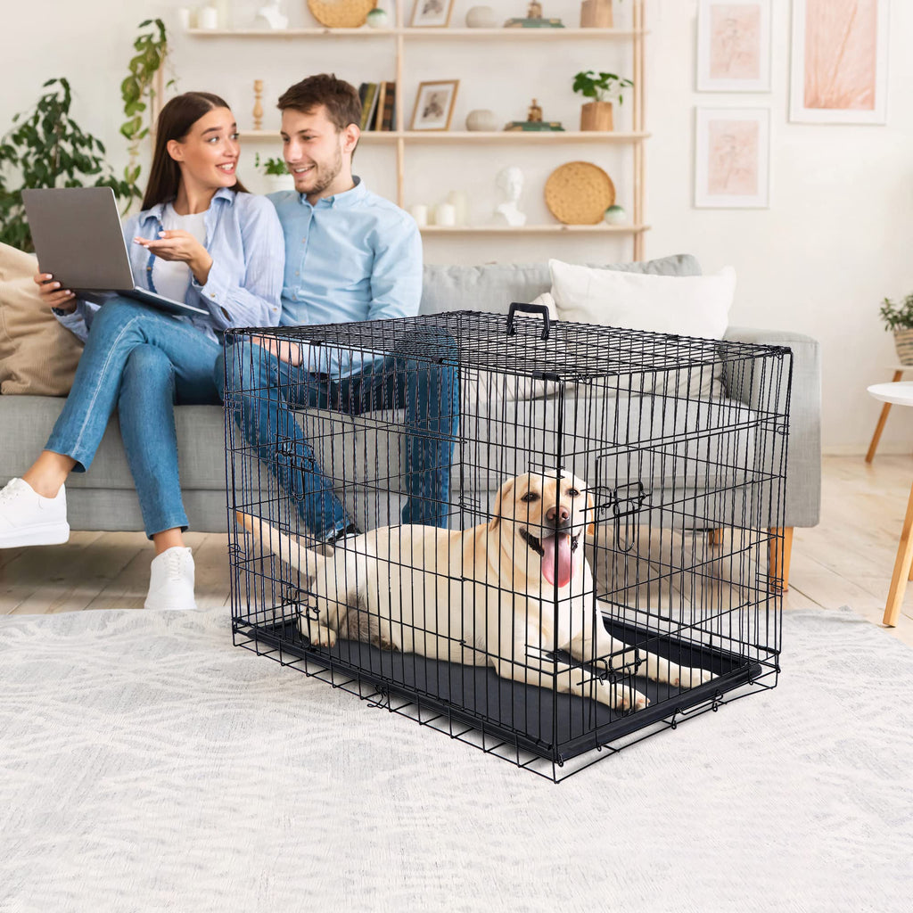 Double Door Folding Metal Wire Dog Crate with Tray Q674312