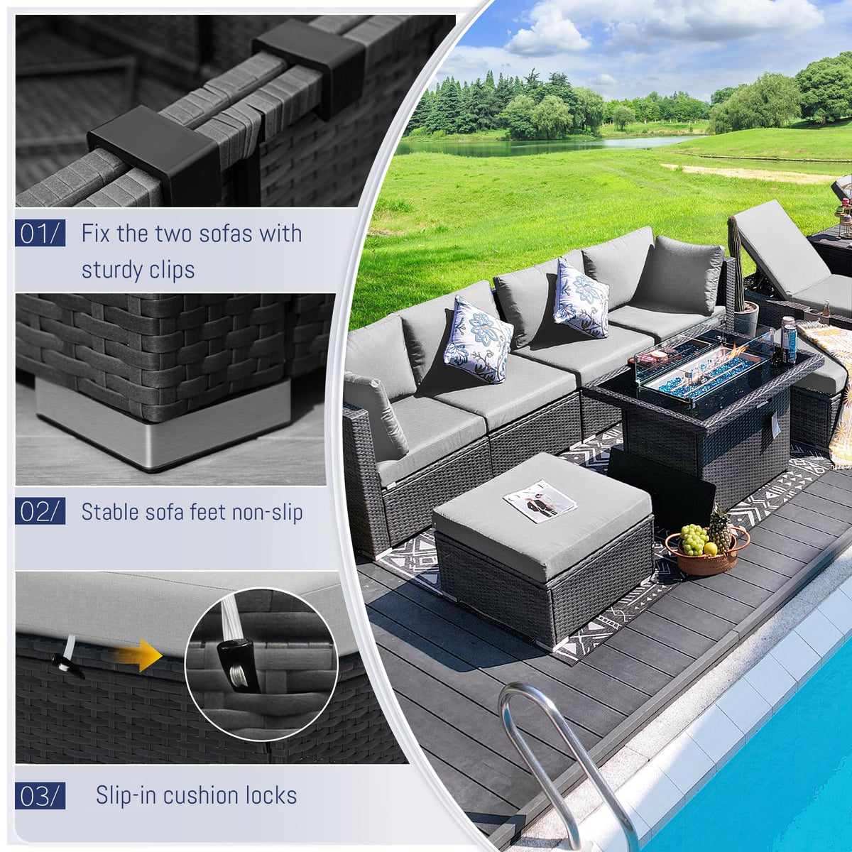 9 Piece Light Grey Patio Furniture Set with Fire Pit E14301
