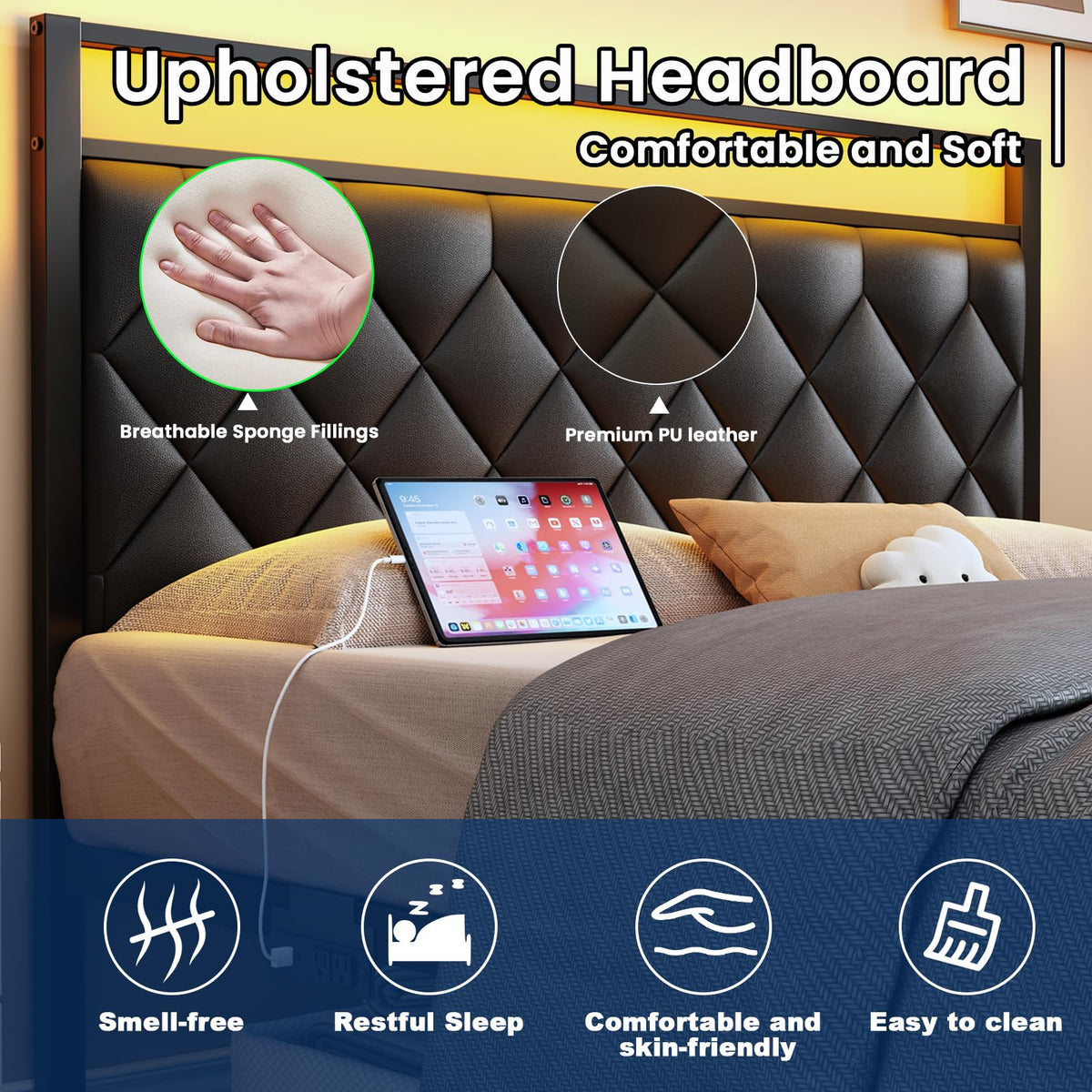 Full Size Black Metal Bed Frame with LED Lights & Charging Station F81128