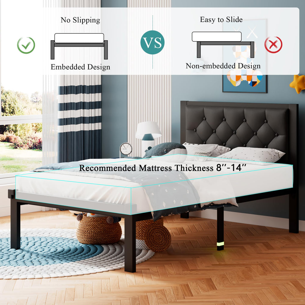 Twin Size Black Metal Platform Bed Frame with Faux Leather Button Tufted Headboard U417144