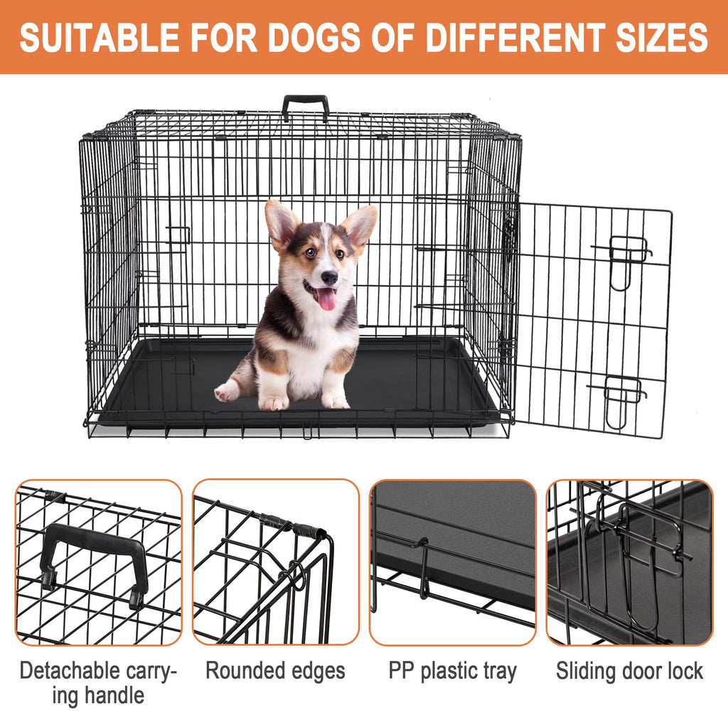 Double Door Folding Metal Wire Dog Crate with Tray Q674312