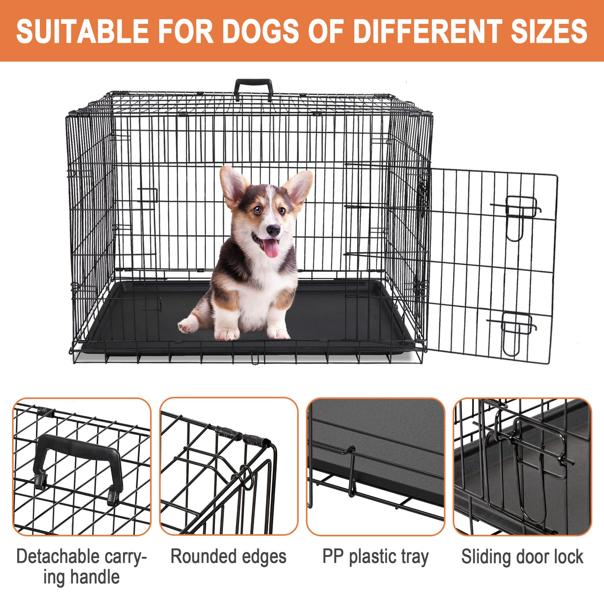 Double Door Folding Metal Wire Dog Crate with Tray Q674312