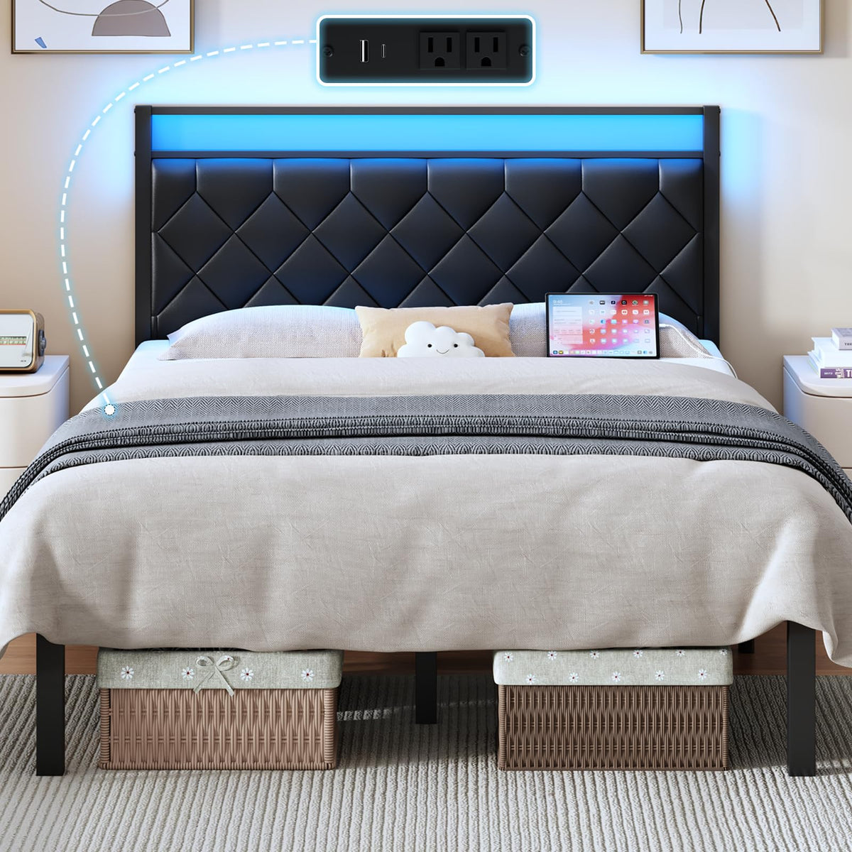 Full Size Black Metal Bed Frame with LED Lights & Charging Station F81128