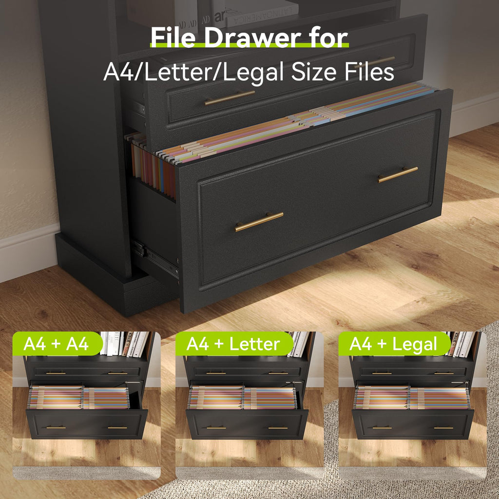 72" Tall Black 5-Tier Bookcase with 2 Drawers Q50660