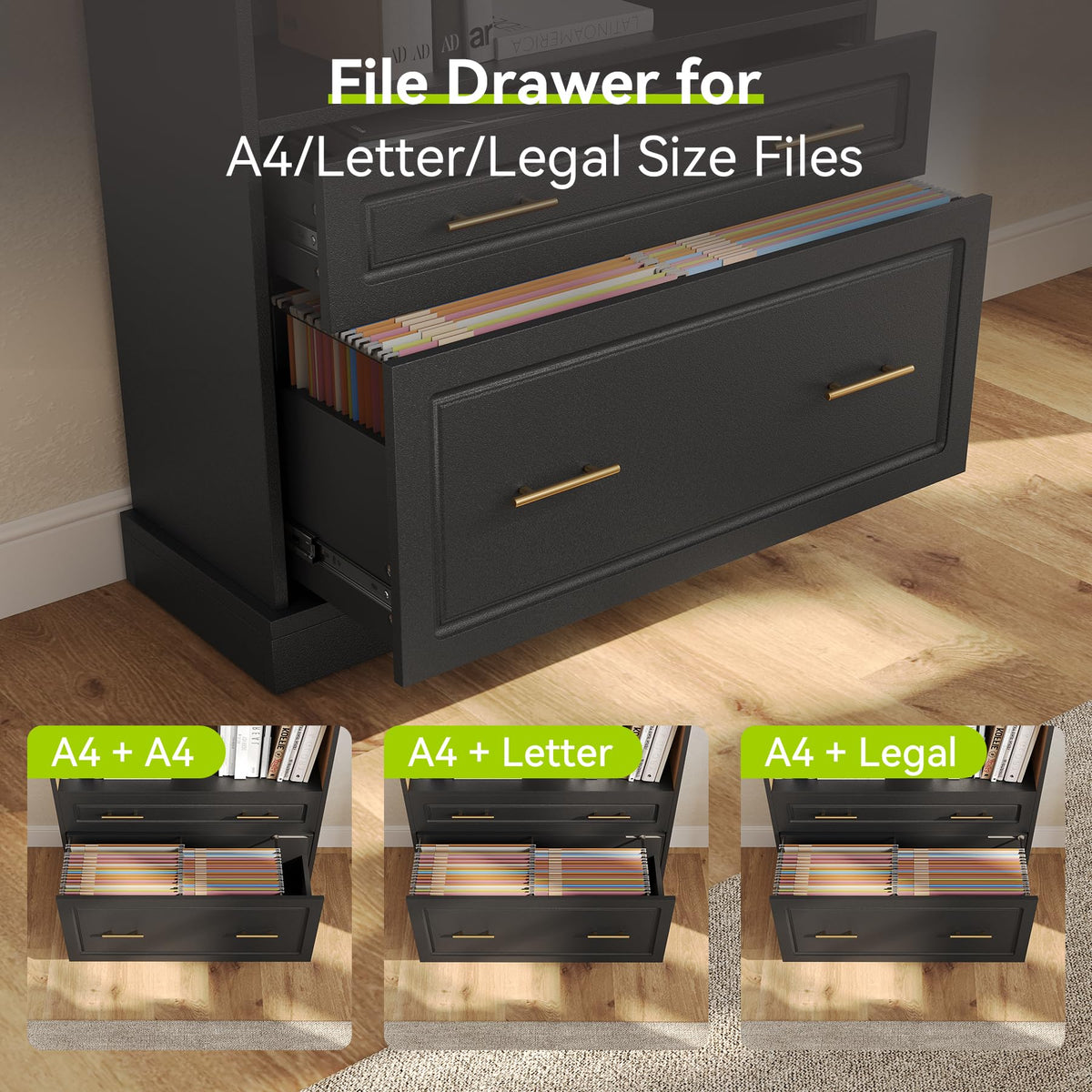 72" Tall Black 5-Tier Bookcase with 2 Drawers Q50660