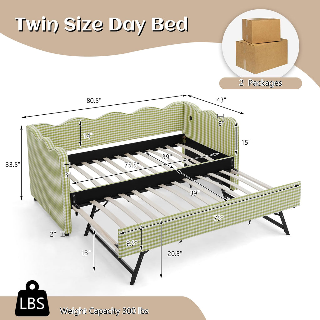 Twin Gingham Upholstered Daybed with Pop Up Trundle Bed P66502