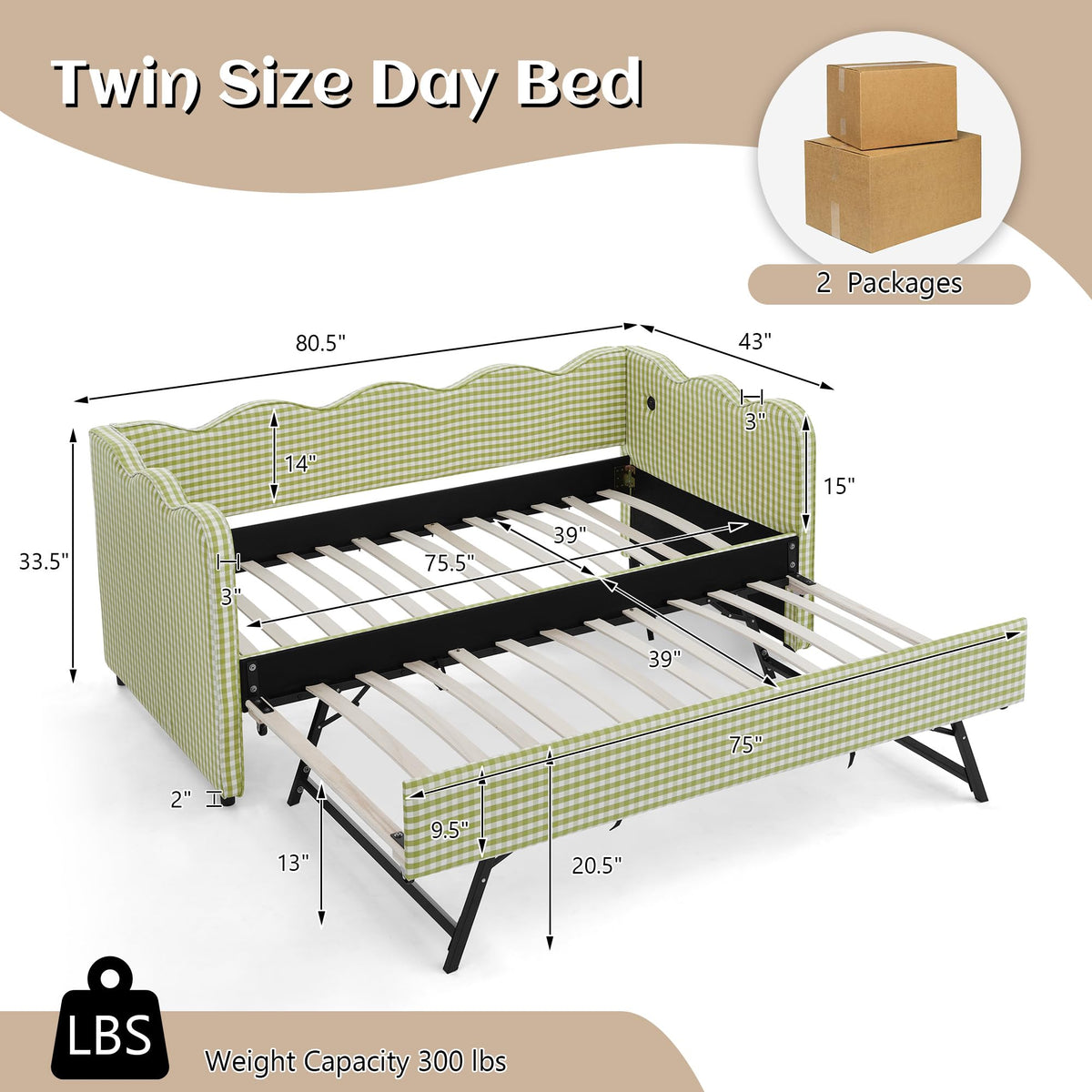 Twin Gingham Upholstered Daybed with Pop Up Trundle Bed P66502