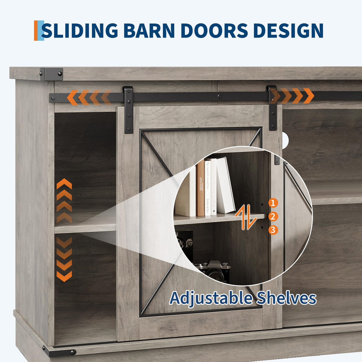 Farmhouse TV Stand with Sliding Barn Doors and Storage Cabinets O8057