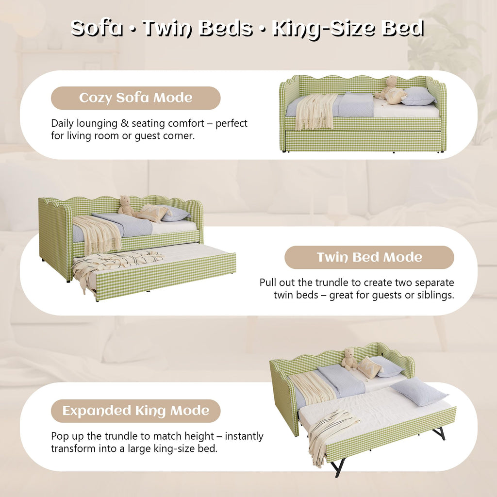 Twin Gingham Upholstered Daybed with Pop Up Trundle Bed P66502
