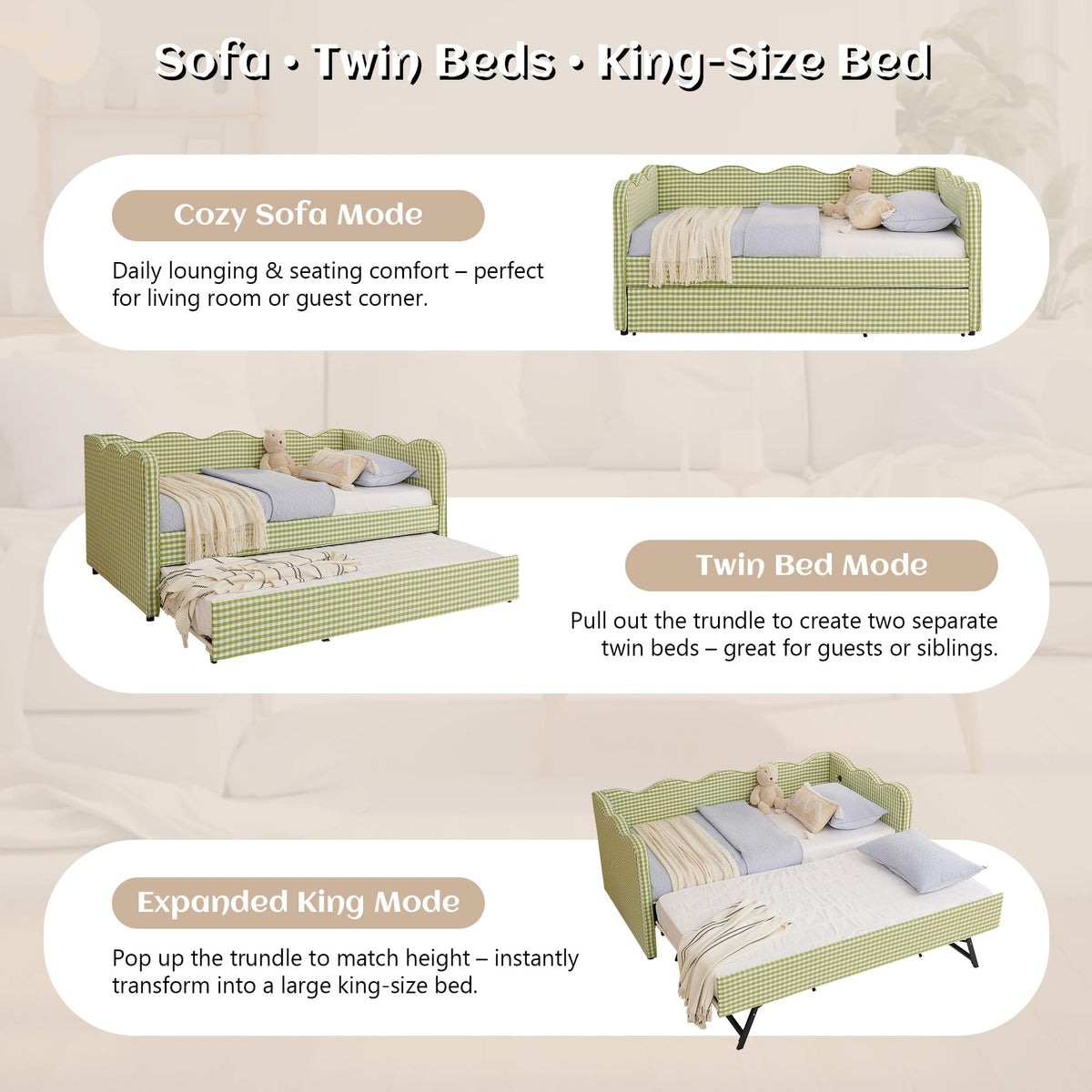 Twin Gingham Upholstered Daybed with Pop Up Trundle Bed P66502