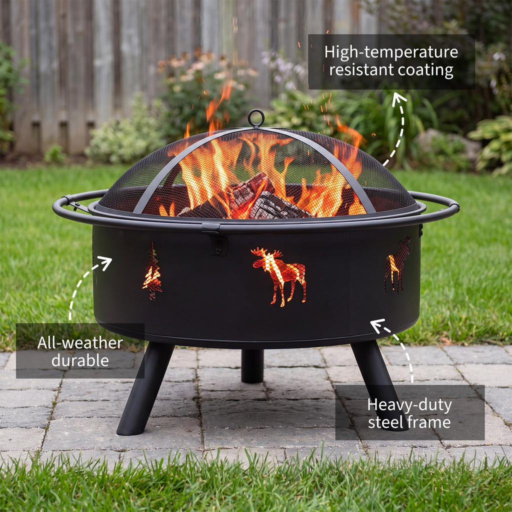 32" Round Wood Burning Fire Pit with Screen J4064