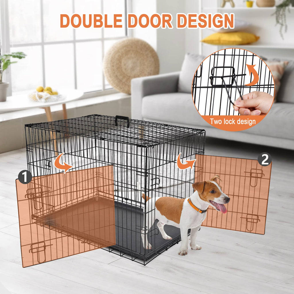 Double Door Folding Metal Wire Dog Crate with Tray Q674312