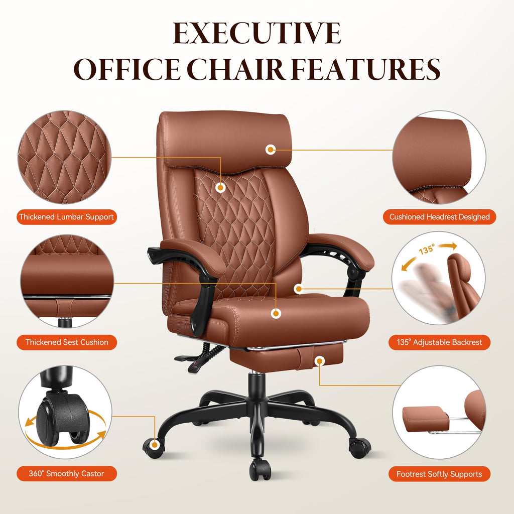 Big and Tall Brown Leather Office Chair with Footrest U364