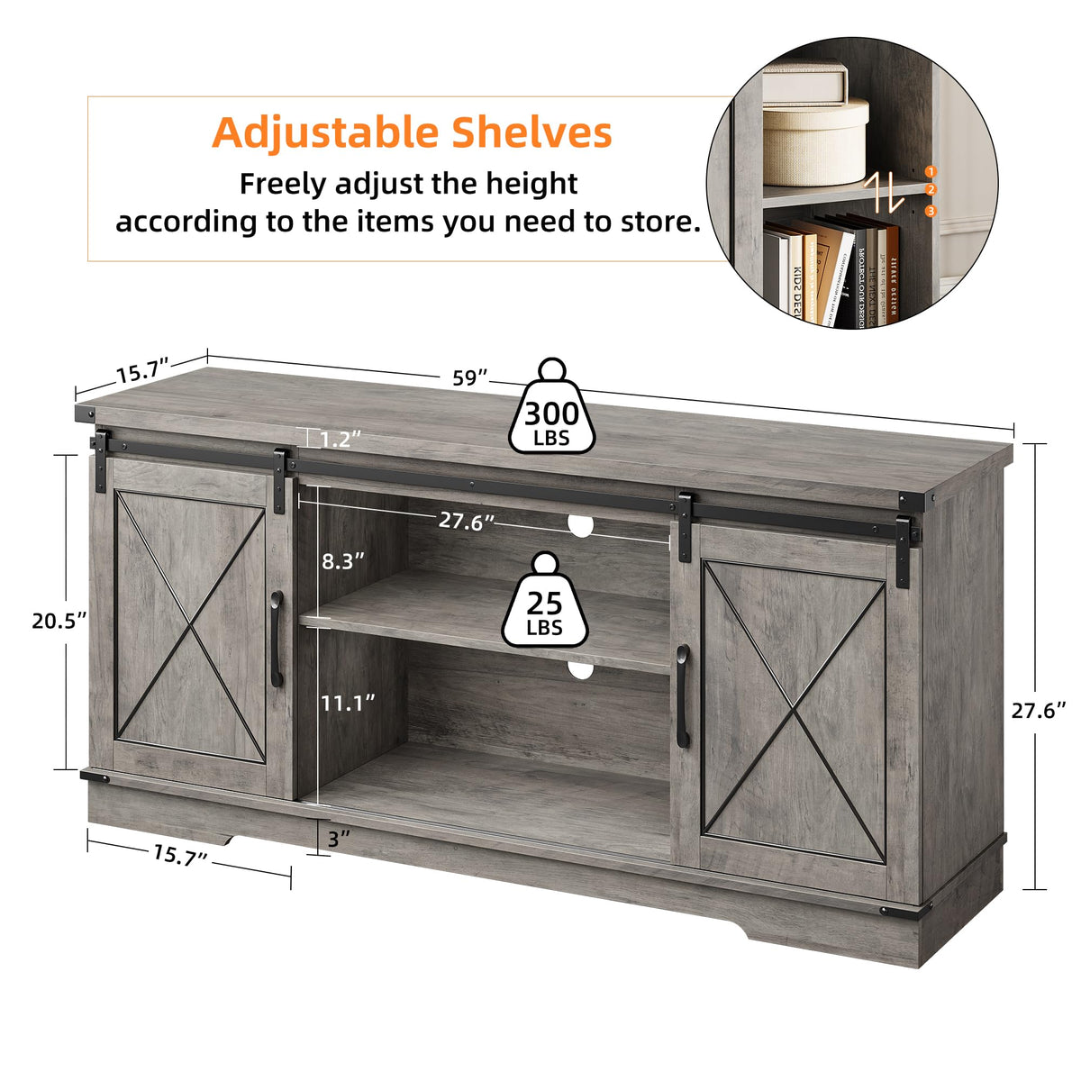 Farmhouse TV Stand with Sliding Barn Doors and Storage Cabinets O8057