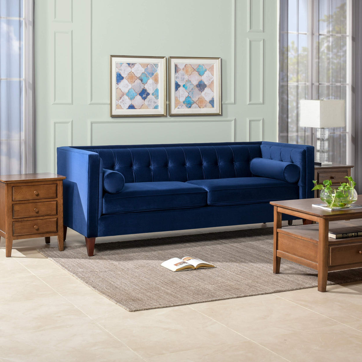 Navy Blue Velvet Tufted Sofa F455757