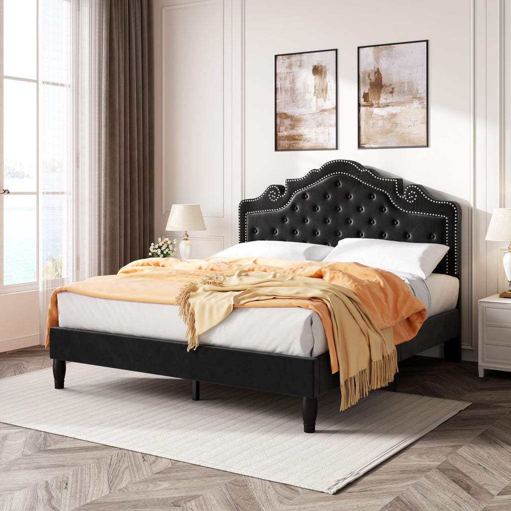 Queen Size Velvet Upholstered Bed Frame with Adjustable Headboard H8957