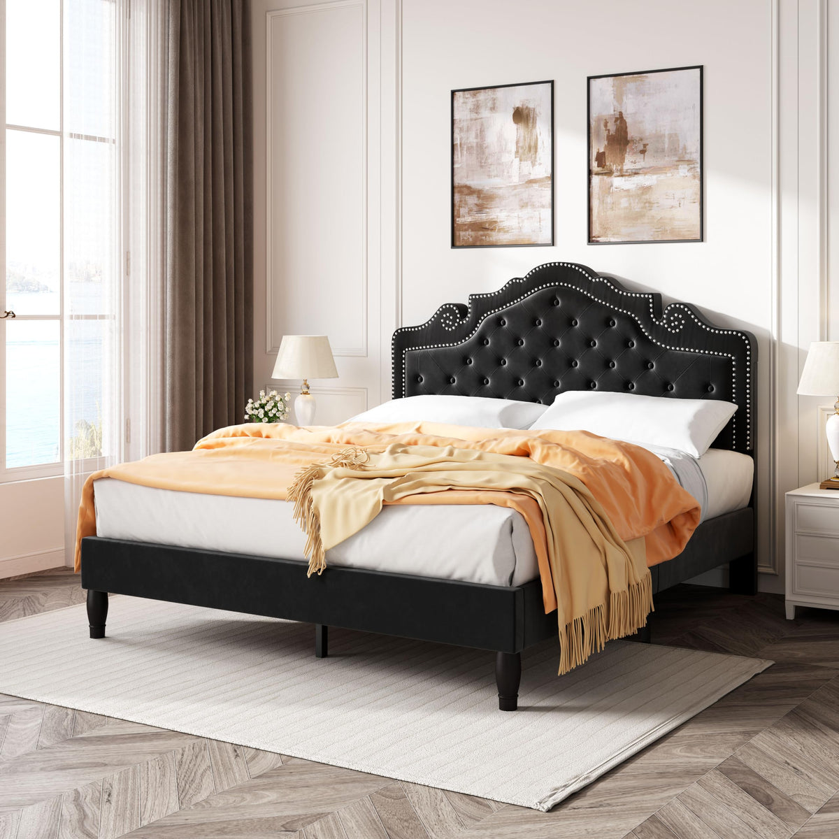Queen Size Velvet Upholstered Bed Frame with Adjustable Headboard H8957
