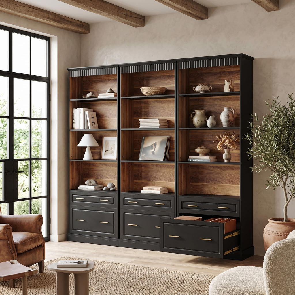 72" Tall Black 5-Tier Bookcase with 2 Drawers Q50660