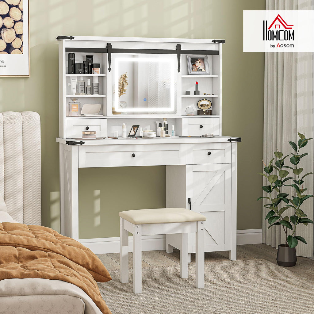 White Vanity Desk with Mirror, LED Lights, Stool K284