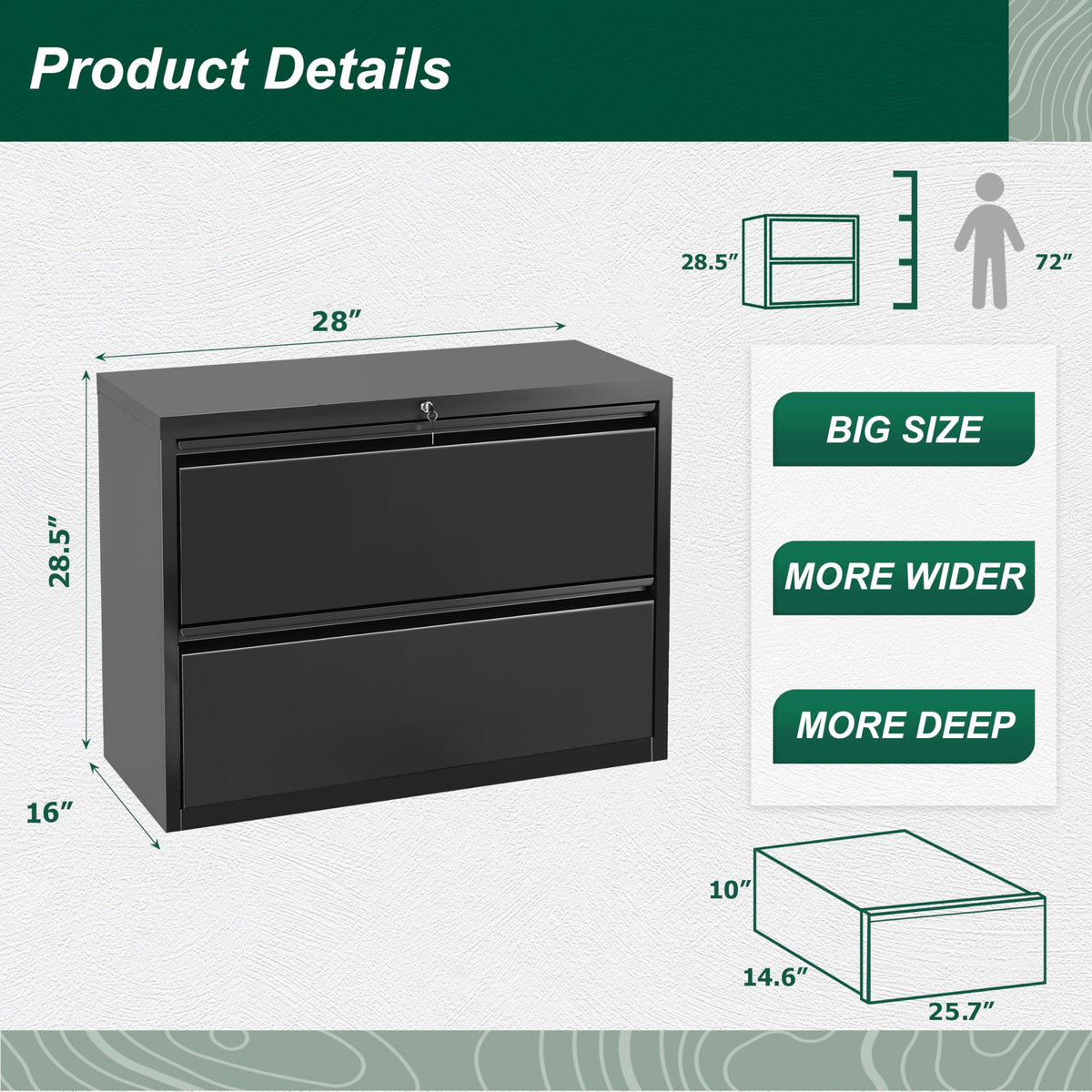 Black 2 Drawer Metal File Cabinet with Lock N37230