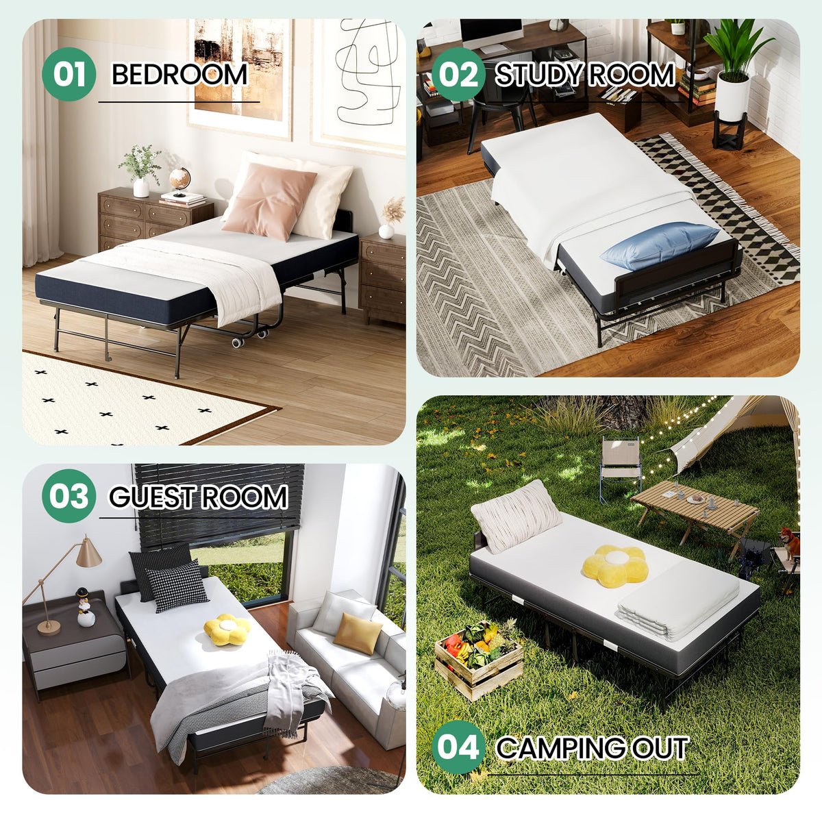 Folding Bed with Mattress, 5-Inch Memory Foam, 500lbs Capacity, Metal Frame, Adjustable Headboard X7895