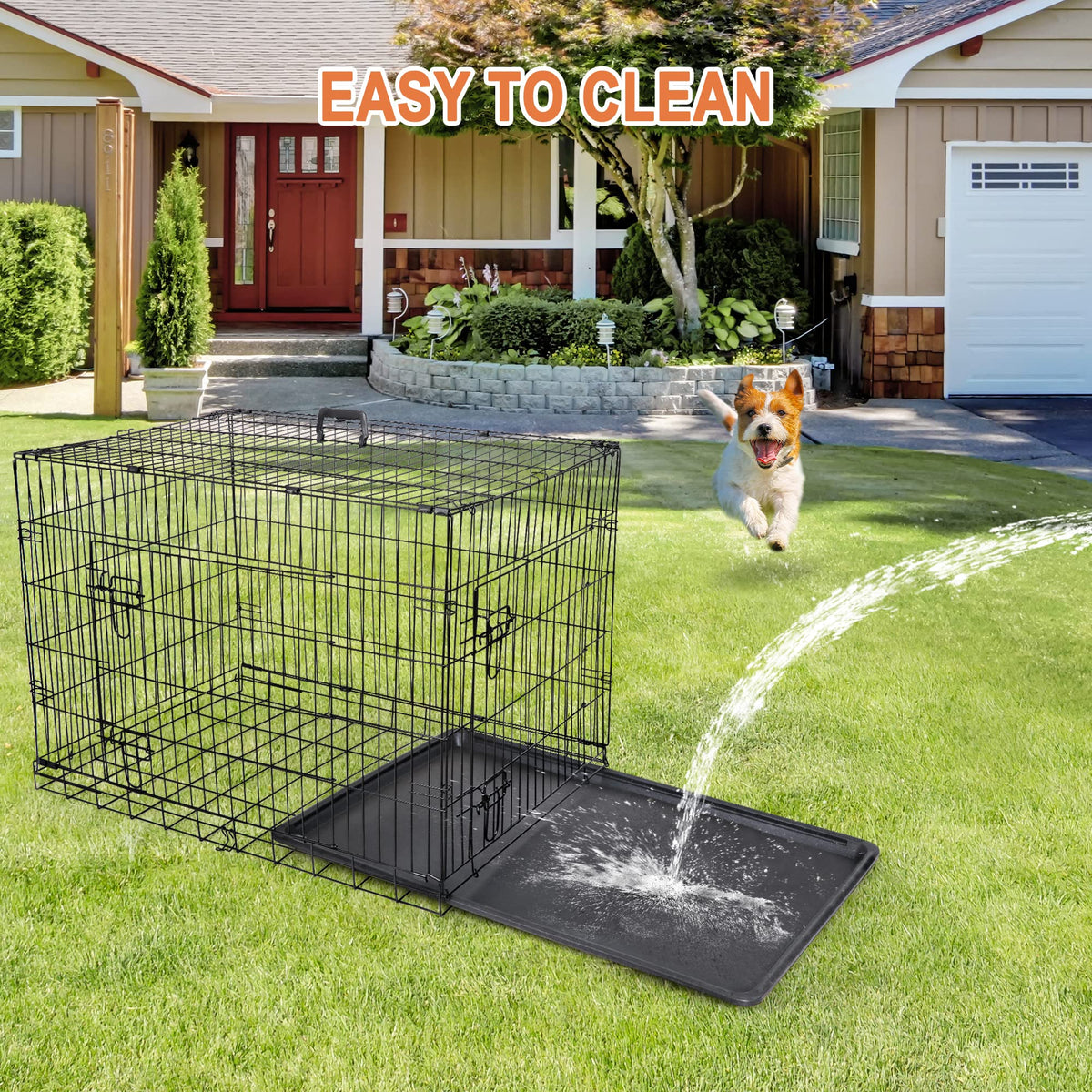 Double Door Folding Metal Wire Dog Crate with Tray Q674312