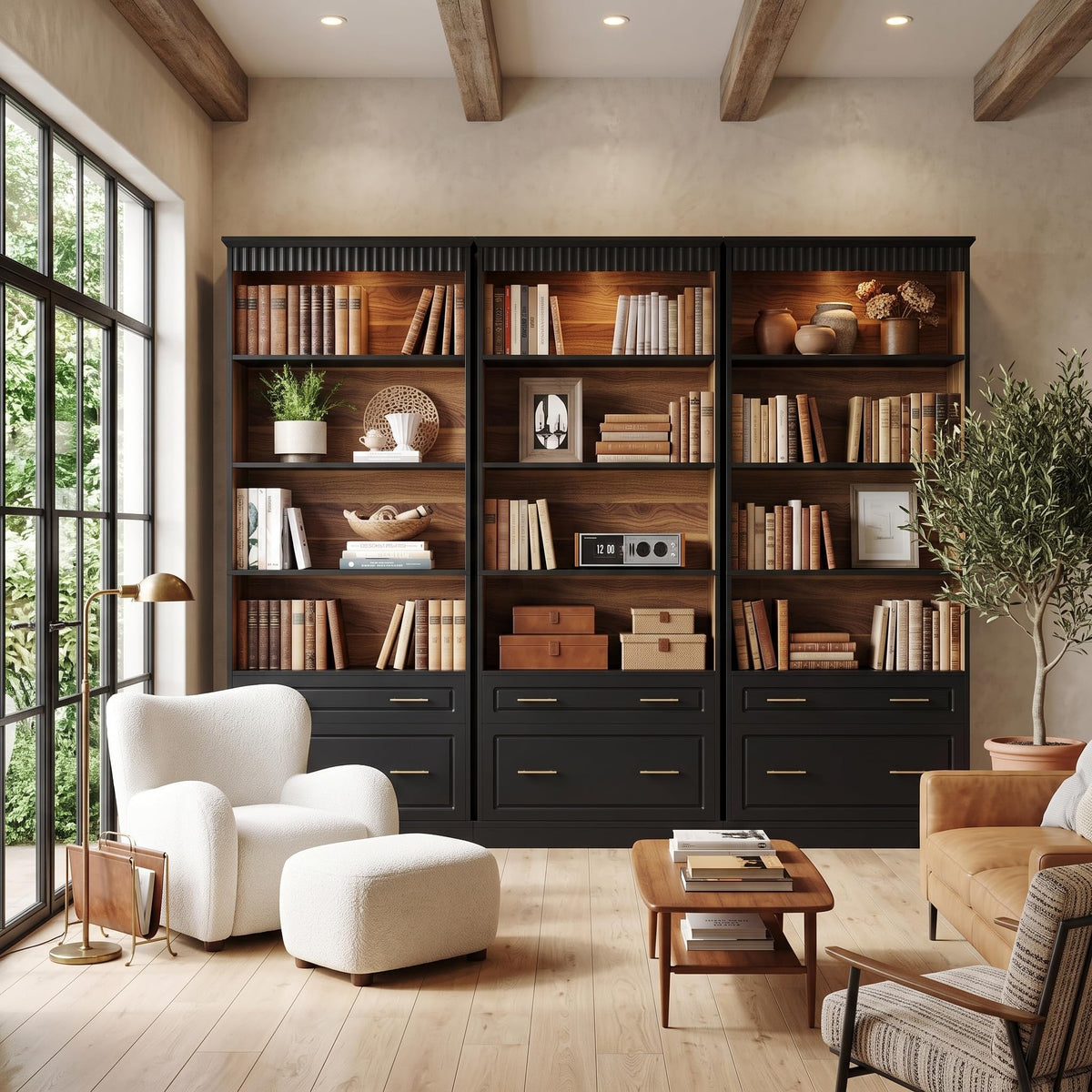 72" Tall Black 5-Tier Bookcase with 2 Drawers Q50660