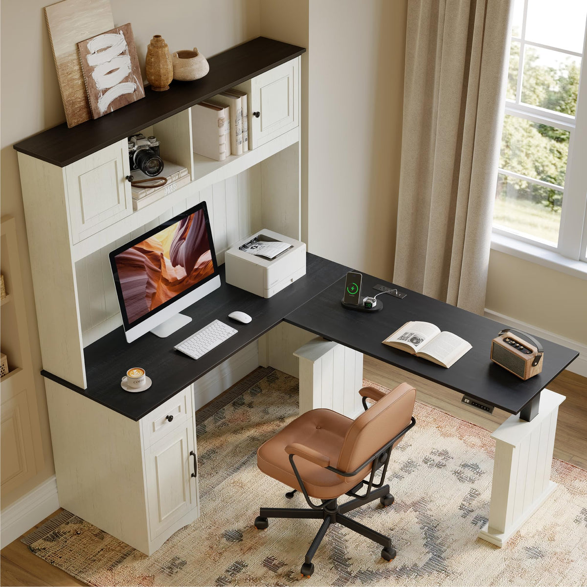 L Shaped Electric Standing Desk with Hutch and Drawers Z963450