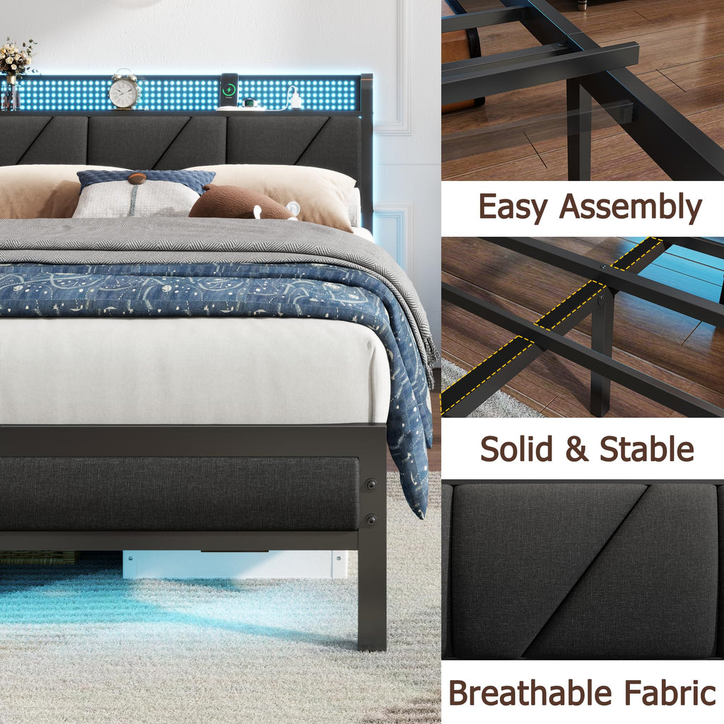 Full Size Bed Frame with Storage Shelf and Upholstered Headboard V881