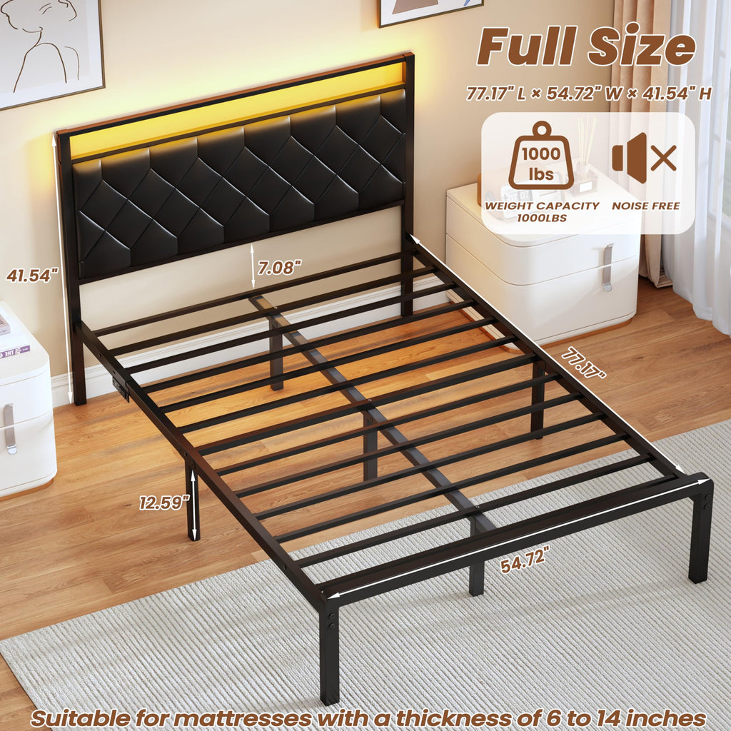 Full Size Black Metal Bed Frame with LED Lights & Charging Station F81128