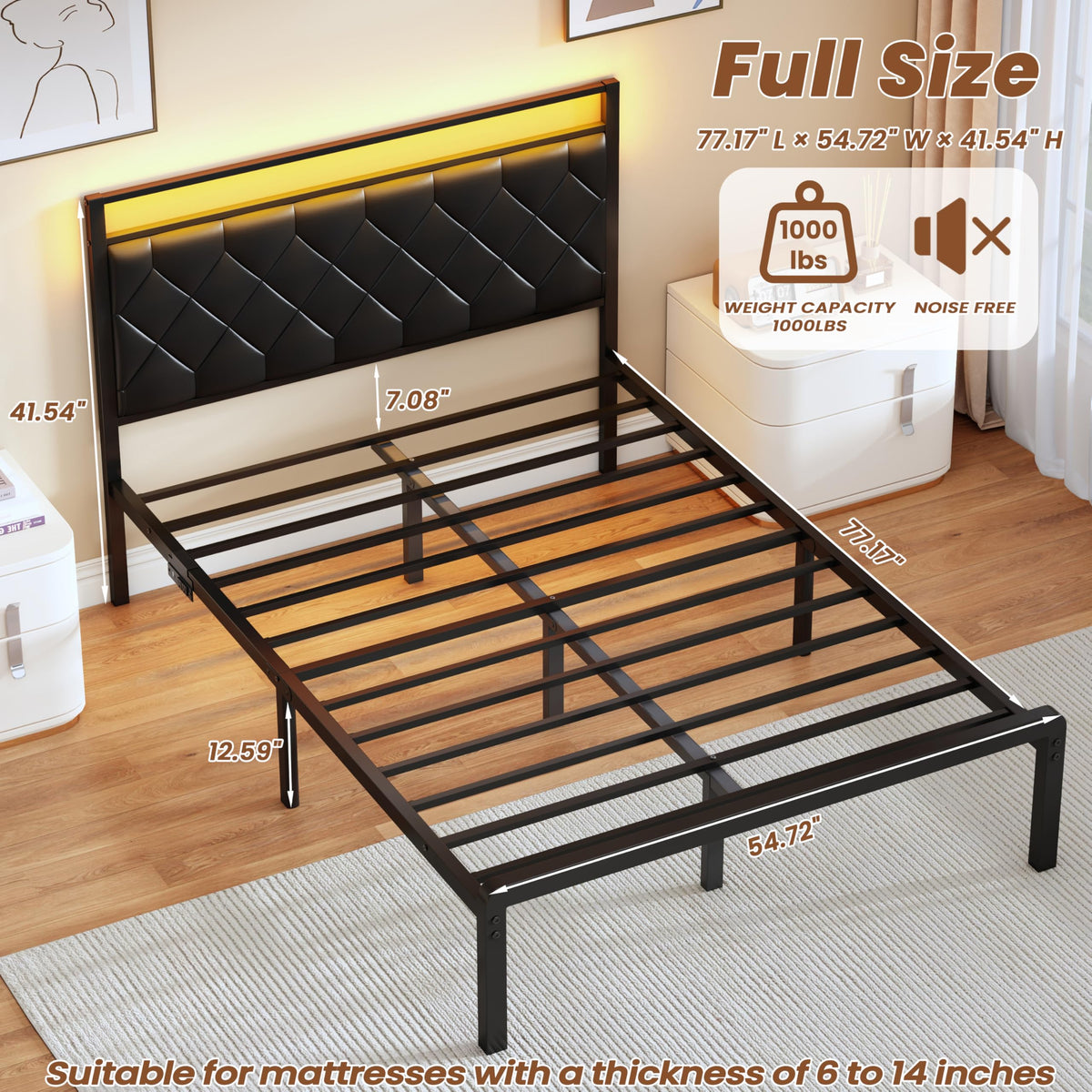 Full Size Black Metal Bed Frame with LED Lights & Charging Station F81128