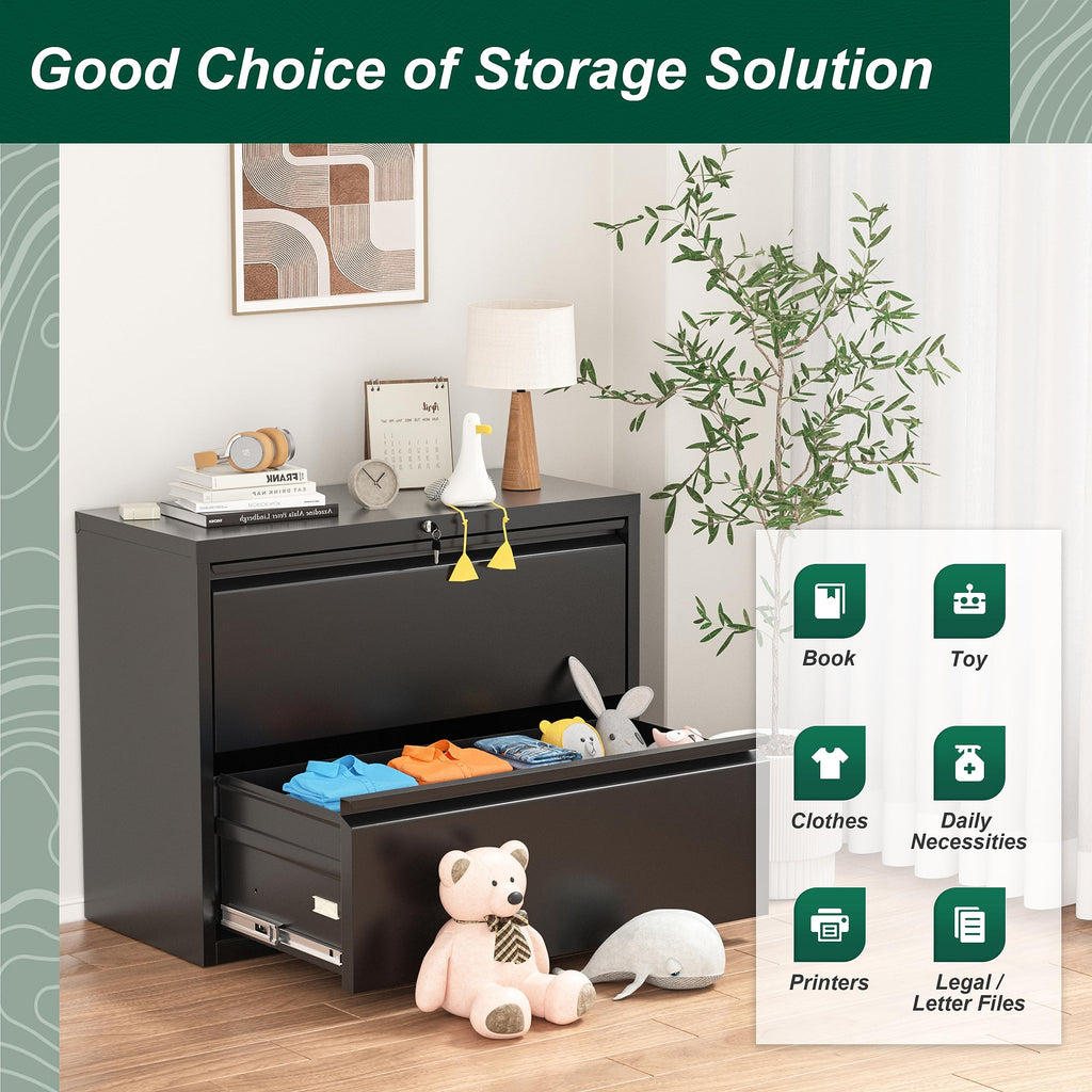 Black 2 Drawer Metal File Cabinet with Lock N37230