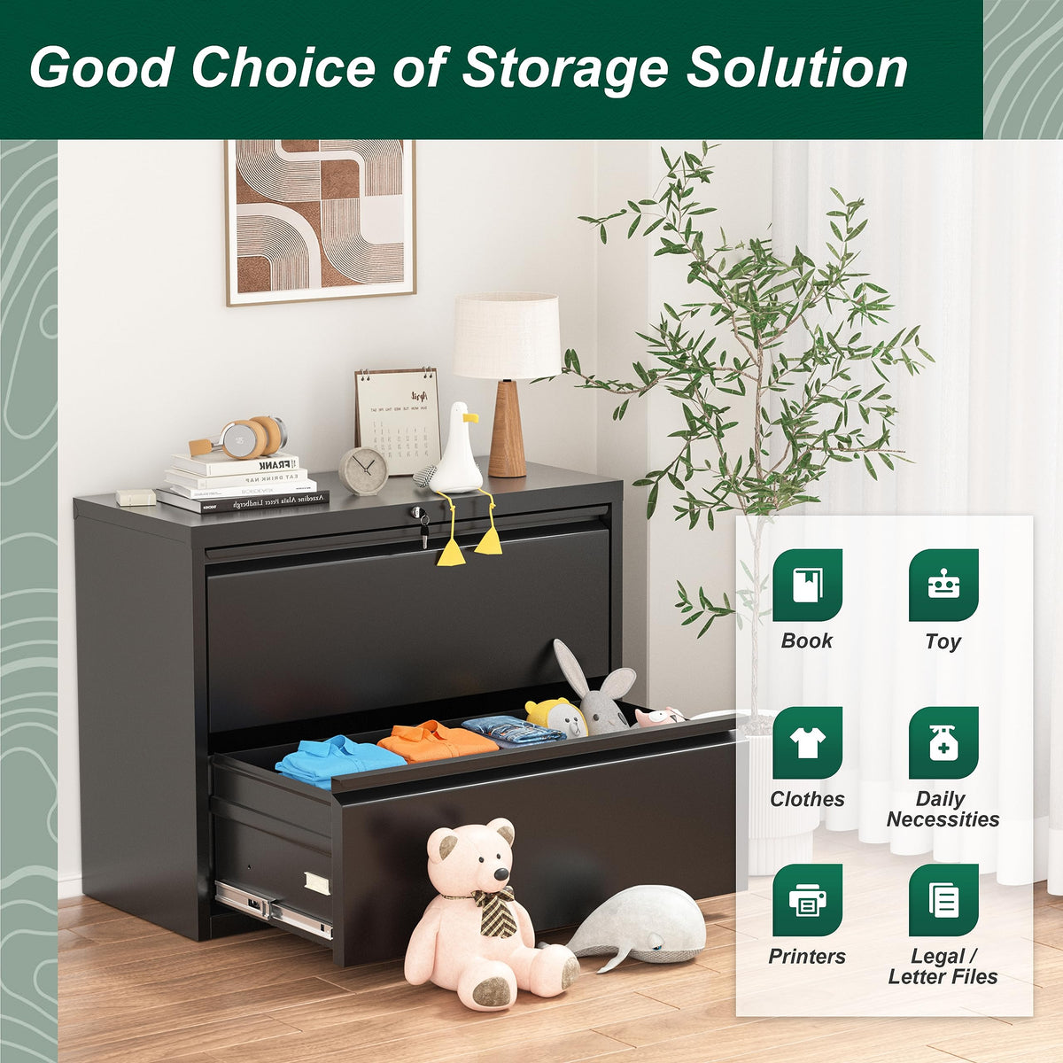 Black 2 Drawer Metal File Cabinet with Lock N37230