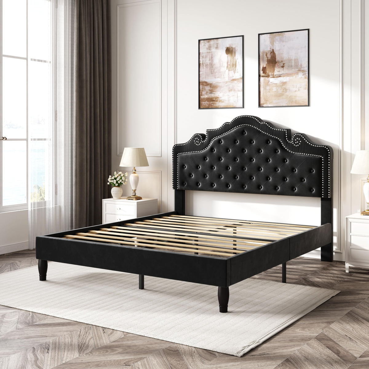 Queen Size Velvet Upholstered Bed Frame with Adjustable Headboard H8957