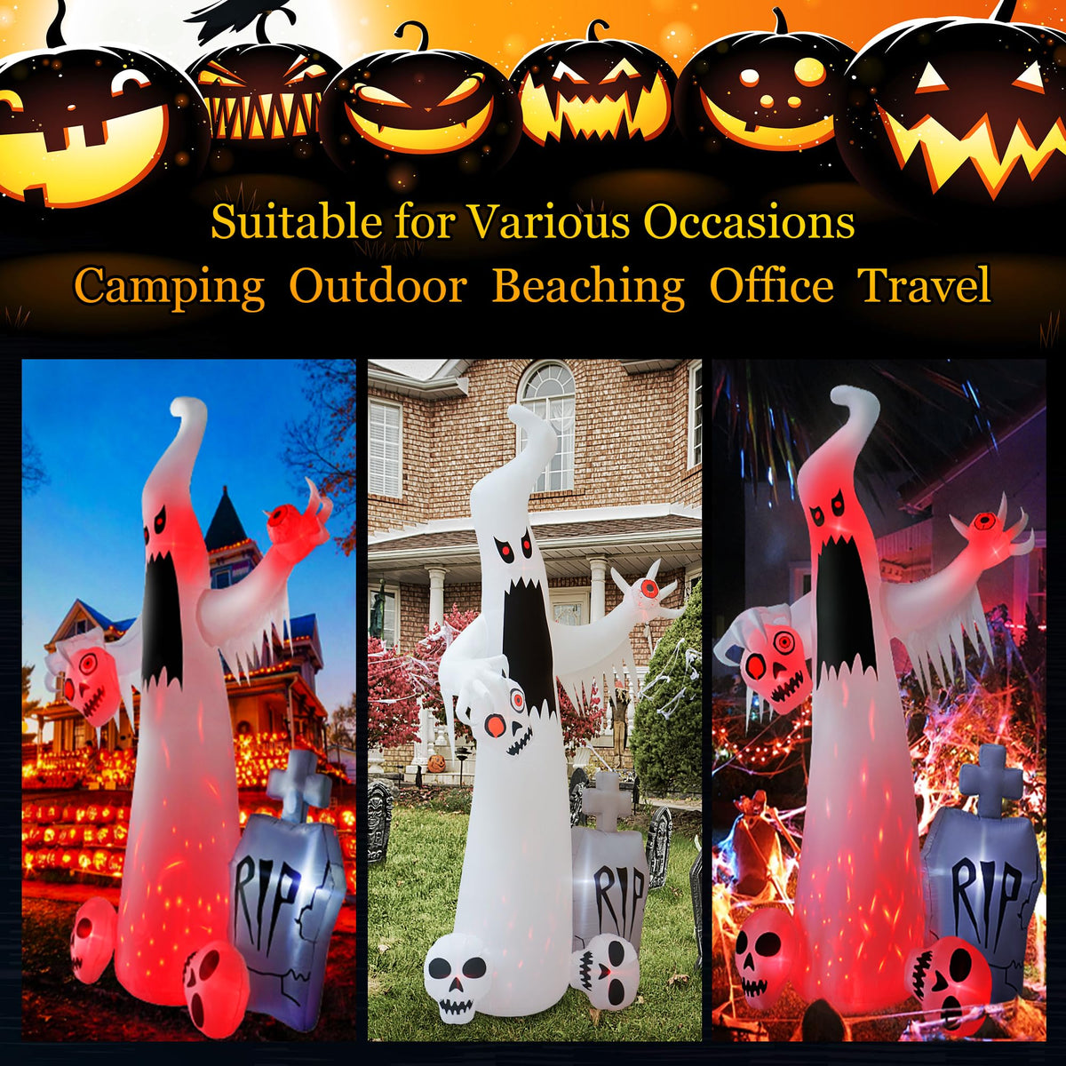 12 FT Halloween Inflatables Ghost with 3 Skulls X554