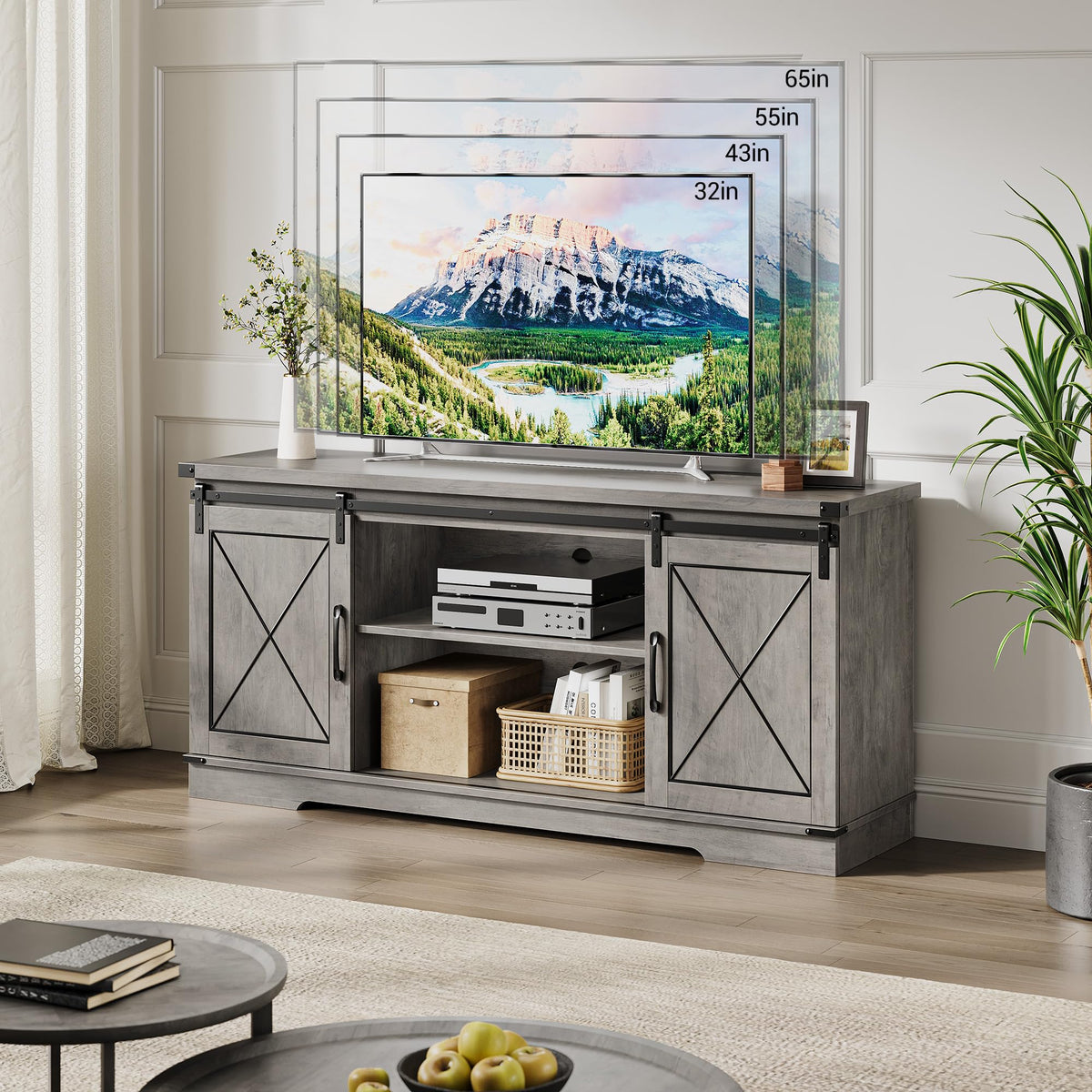 Farmhouse TV Stand with Storage Cabinets & Sliding Barn Door J651877